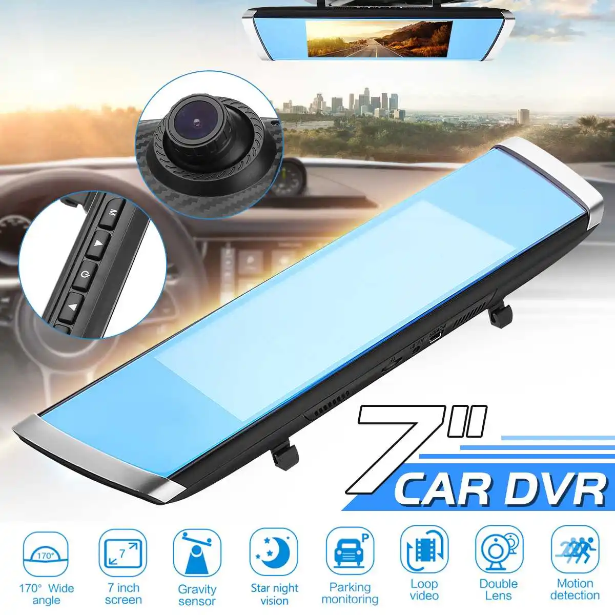 

7 Inch Screen Full HD 1080P 170 Degree Angle Car DVR Camera Blue Rear View Mirror Video Recorder Dual Lens Dash Cam Detector