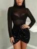 Fashion Brand Newest Women Mesh Sheer Bodycon Long Party Clubwear Sequined Short Mini Dress Transparent Sexy Stand Neck Dresses ► Photo 2/6
