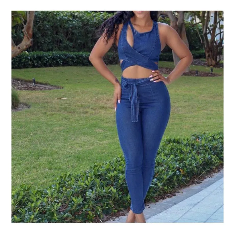2019 Summer New Sleeveless High Waist Pencil Denim Jumpsuits Sexy Hollow Out Jeans Jumpsuit Sashes Casual Rompers 2019 Summer New Sleeveless High Waist Pencil Denim Jumpsuits Sexy Hollow Out Jeans Jumpsuit Sashes Casual Rompers
