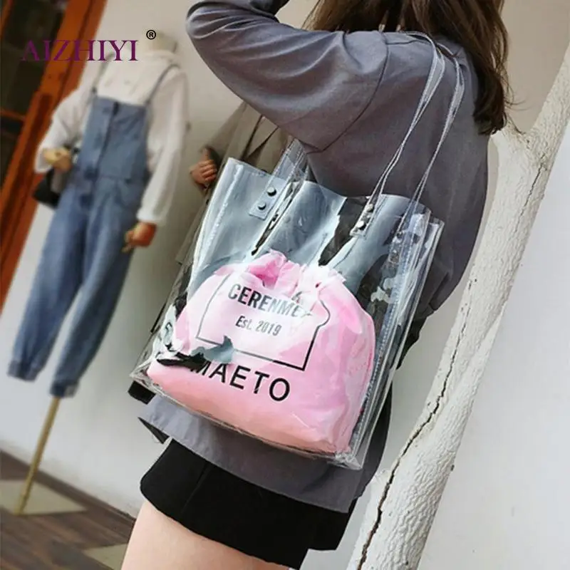 

Ladies Fashion 2pcs/set Girls Casual Letter Print Transparent PVC Shoulder Handbags Women Drawstring Top-handle Totes