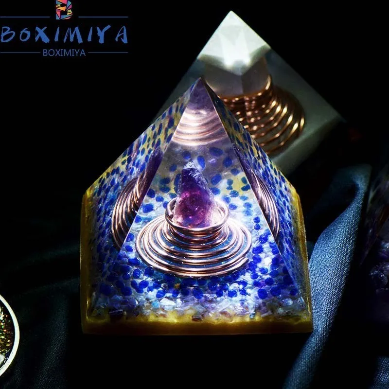 

BOXIMIYA Orgonite Aura Crystal Natural Ore Pyramid Decoration Business Magnetic Field Spirit Energy Converter Chakra Stone