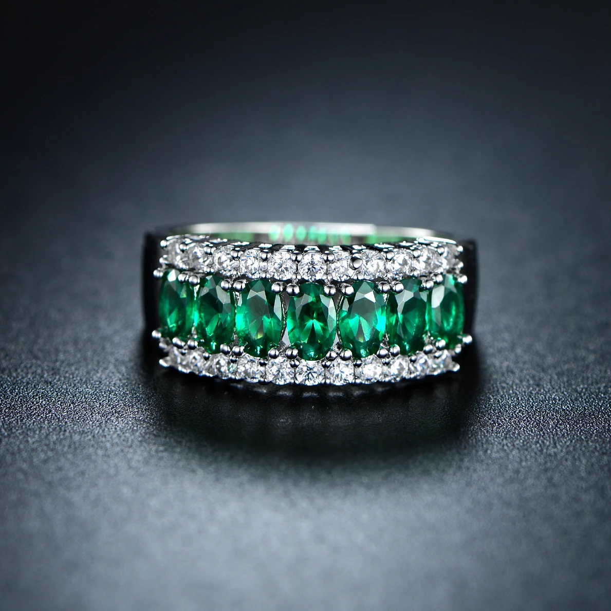 7 stone Oval Cut Lab Created Emerald & Cubic Zirconia RingRings