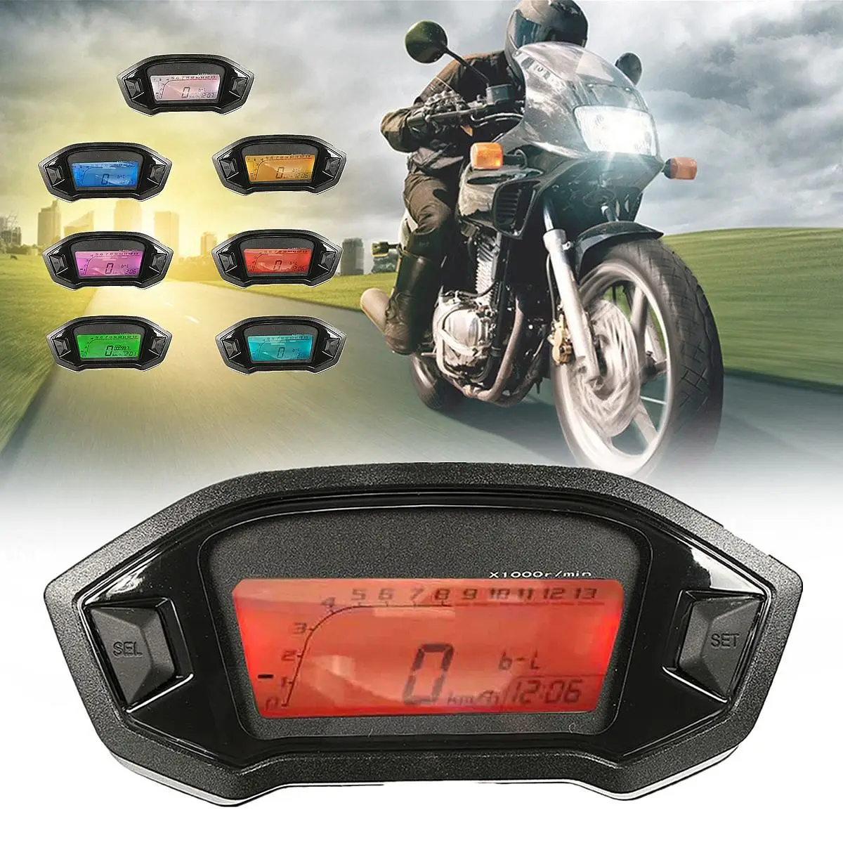 

7 Colors Backlight Universal Motorcycle LCD Digital Speedometer Odometer Motorcycle Odometer Tachometer Gauge 2-4 Cylinder