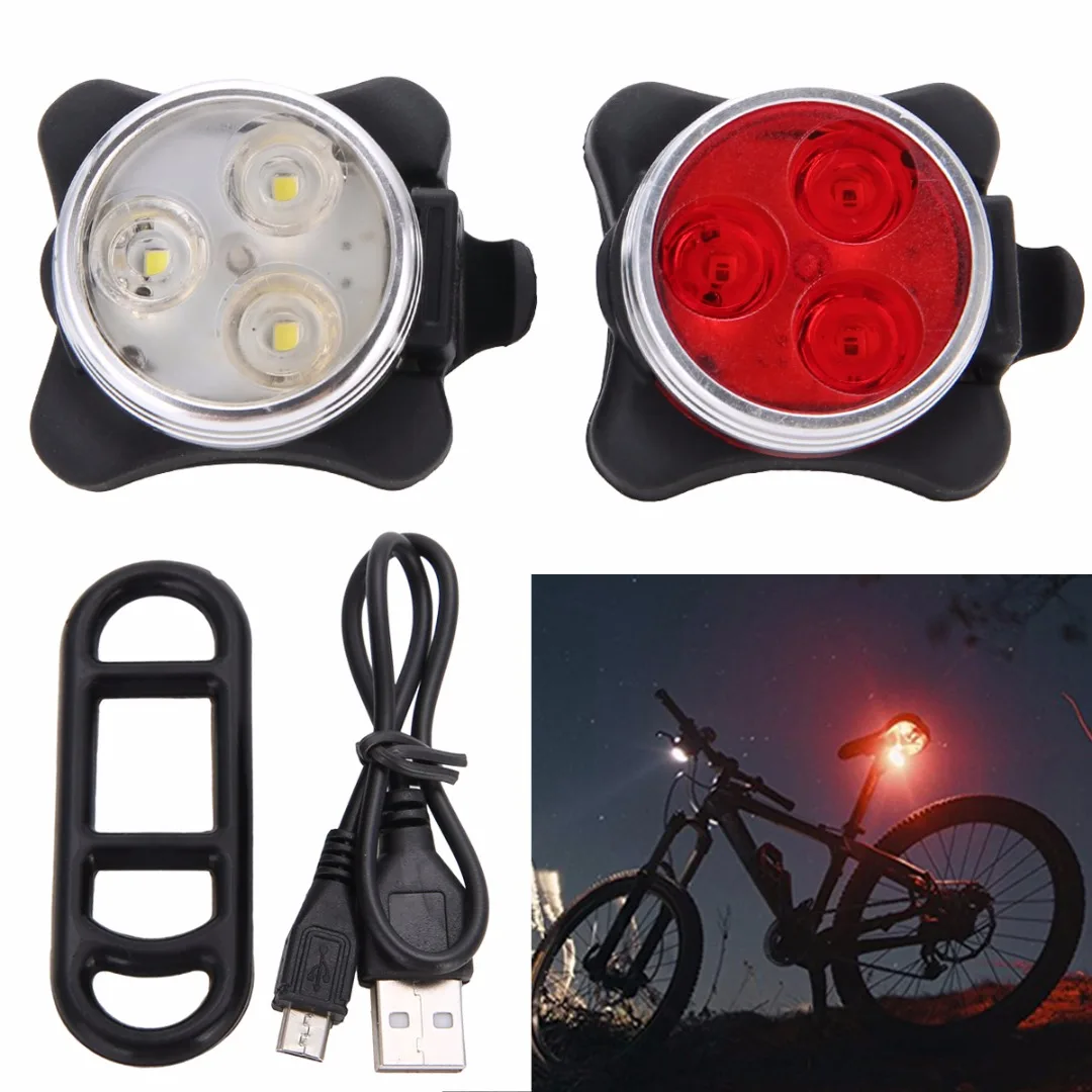 cheap Bicycle Light LED Bike Head Front Rear 3 LED USB Rechargeable Warning light 2 Color Cycling Safety Accessories For Night Riding