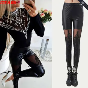

Sexy Womens Floral Lace Faux Leather Skinny Pants 2019 New Bodycon Slim Patchwork Nightclub Long High Waist Trousers Pants S-XL