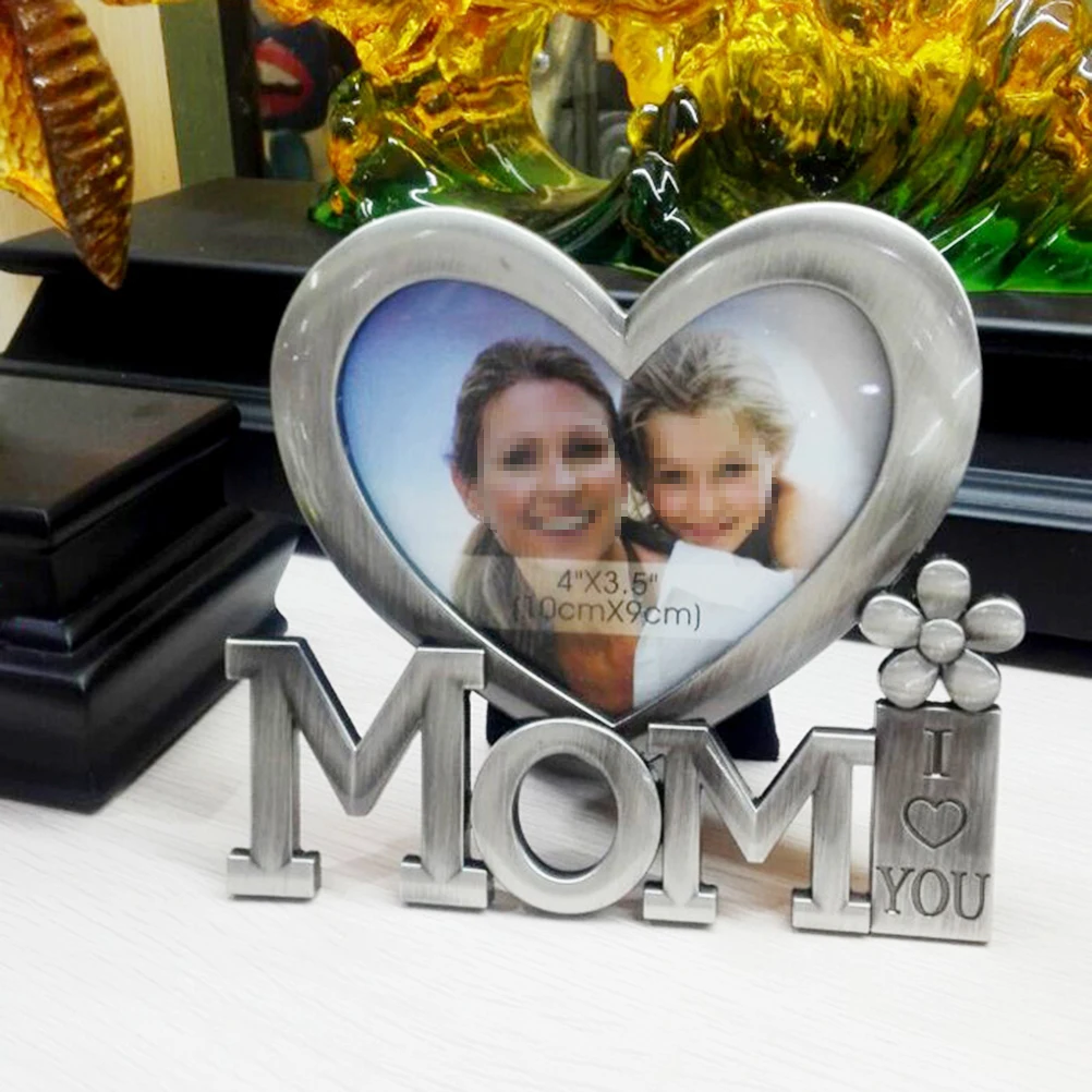 

1pc Metal Delicate Heart Shaped I Love You Mom Picture Frame Photo Frame for Womens Day Mothers Day Present Gift