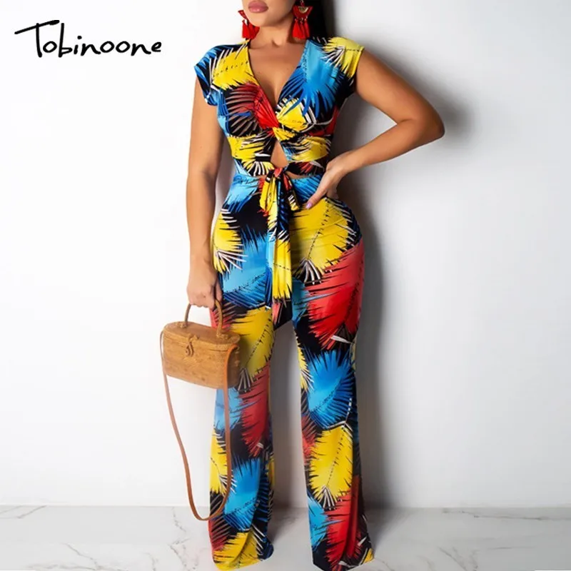

Tobinoone jumpsuit women sexy deep v neck summer clubwear 2019 jumpsuit Elegant sash wide leg elegant streetwear party jumpsuit
