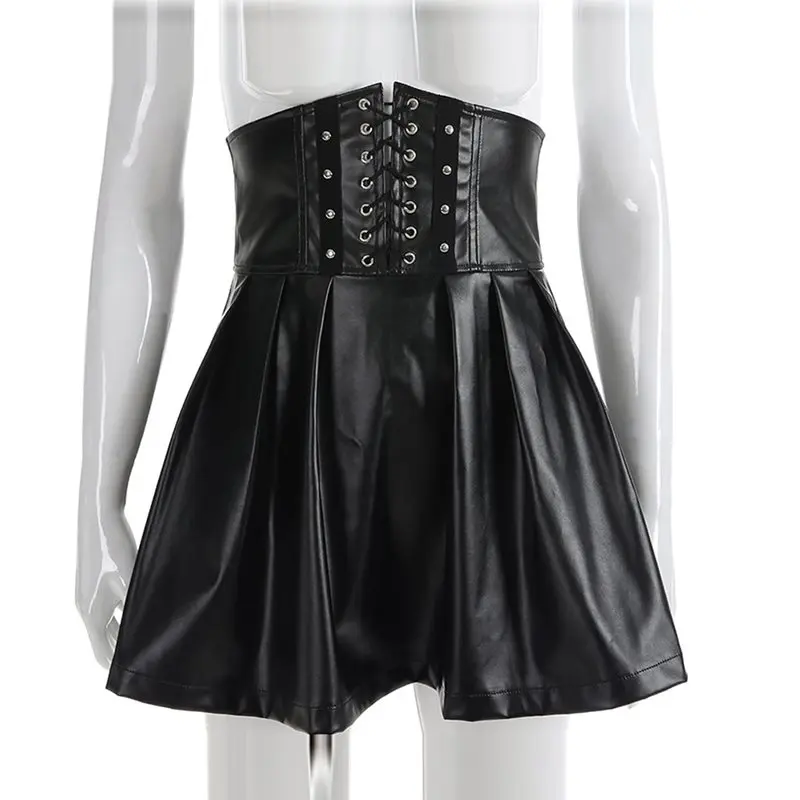 Женская плиссированная юбка из искусственной кожи на шнуровке Goth черная уличная