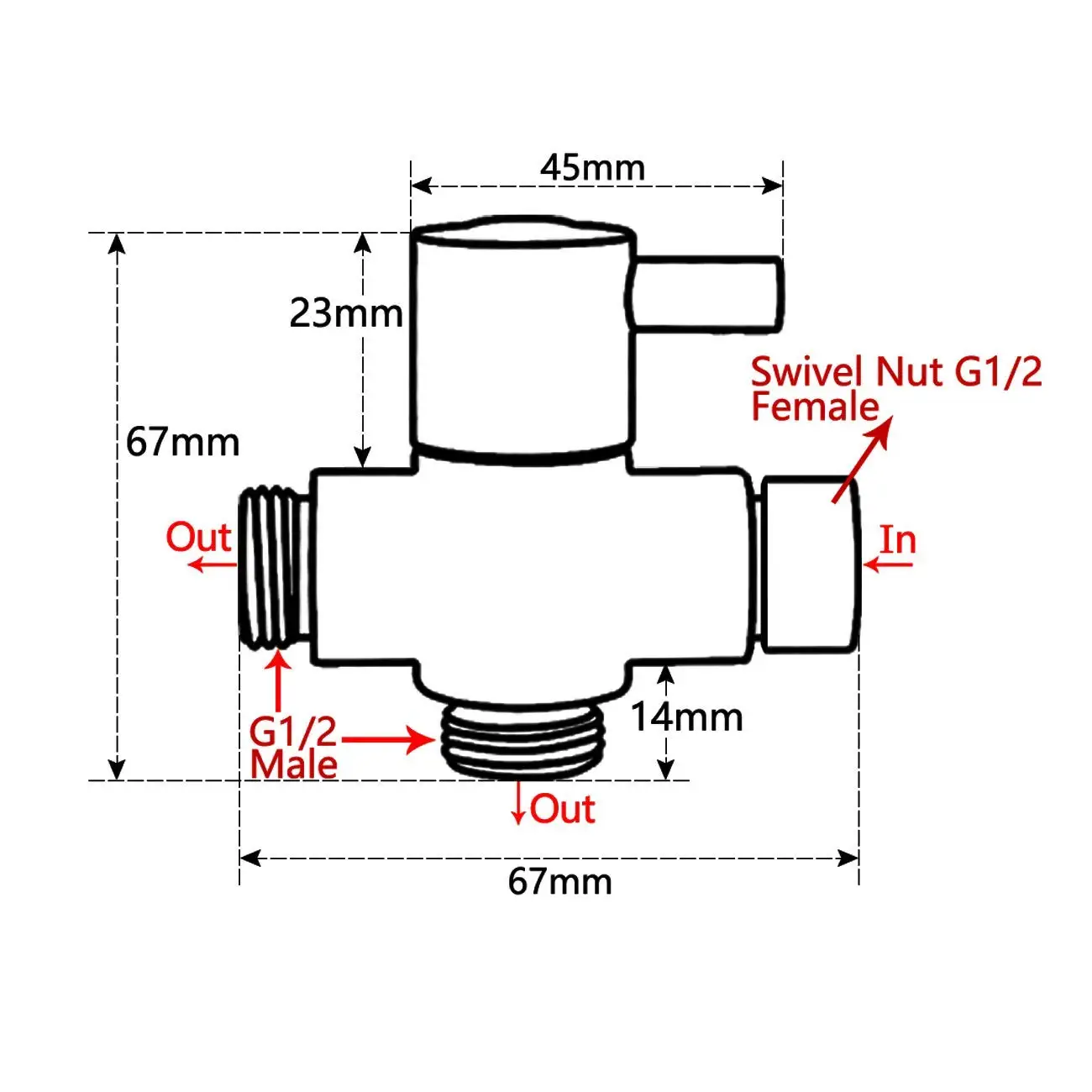 Solid diverter Three Head Function diverter valve 3 Way Tee Connector 1/2 inch IPS shower system spare part copper chrome