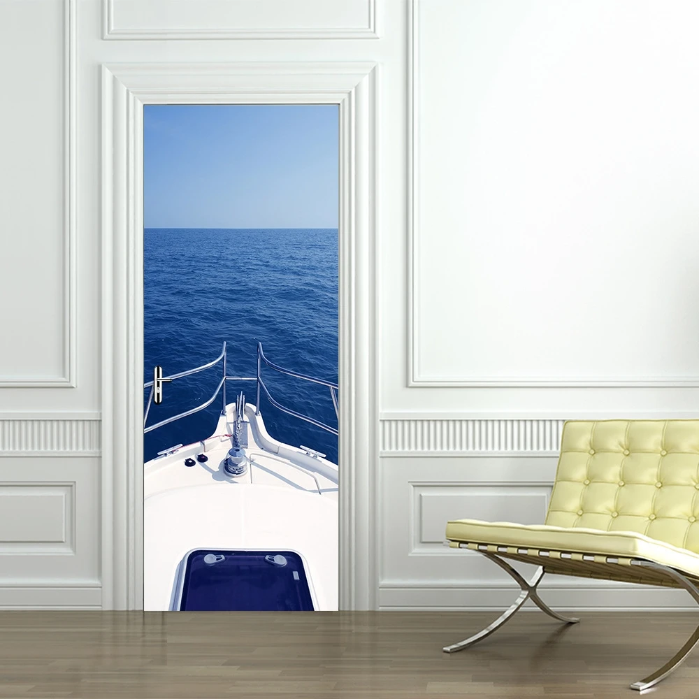 

2 Sheets/set Vinyl Wall Stickers DIY Door Sticker Blue Sea Yacht PVC WaterproofMural Poster Imitation 3D Wall Decal Home Decor