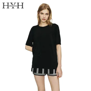

HYH Haoyihui Simple Summer Sexy Open-back Loose Leisure Short Sleeve Solid Color Knit T-shirt Black Women New O-Neck Tops