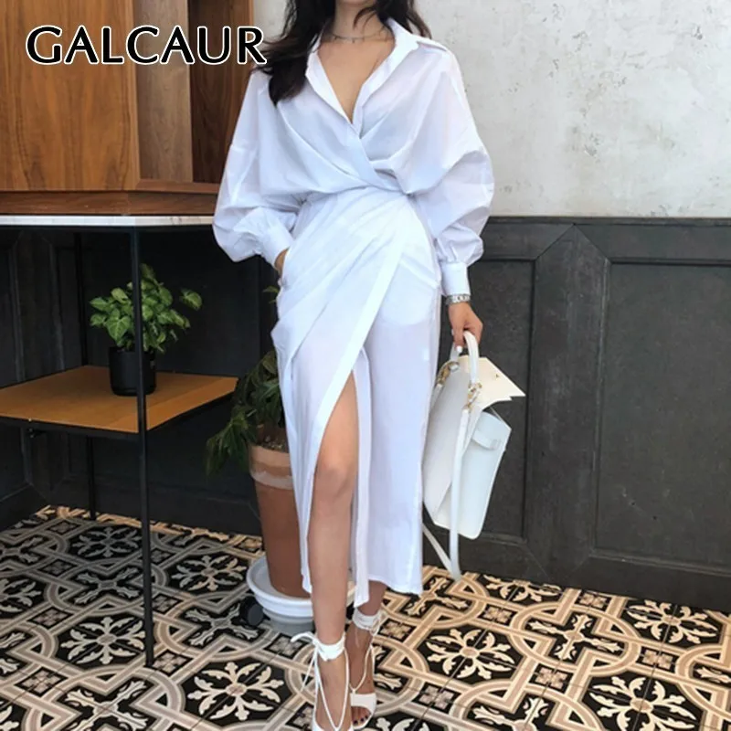 

GALCAUR Fashion Solid Dress For Women Lapel Lantern Sleeve High Waist Split Tunic Midi Dresses Female Summer 2019 Casual New