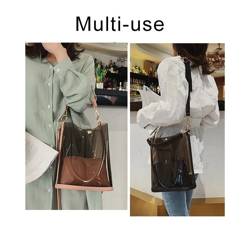 هيرالد الأزياء 2 قطعة واضح شفاف PVC المرأة حقيبة كتف الصيف الشاطئ حقائب كبيرة عارضة حمل حقيبة السيدات Crossbody حقيبة هيرالد الأزياء 2 قطعة واضح شفاف PVC المرأة حقيبة كتف الصيف الشاطئ حقائب كبيرة عارضة حمل حقيبة السيدات Crossbody حقيبة