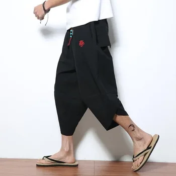 

#4547 Casual Pants Men Calf-length Plus Size M-5XL Retro Cotton Linen Harem Pants Embroidery Fashion Track Pants Black/Red/Khaki