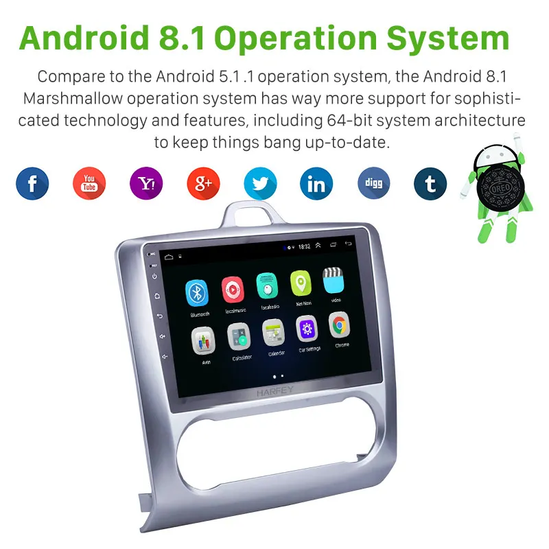 Clearance Harfey 9" HD Touchscrren Android 8.1 for Ford 2004-2011 Focus Exi AT Radio with GPS Navigation WIFI Bluetooth multimedia player 1