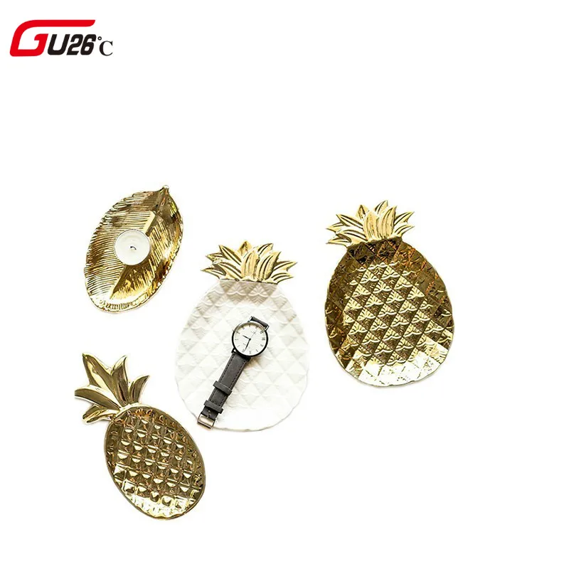 

Gold Decorative Pineapple Leaf Ceramic Charger Plate Porcelain Candy Trinket Dish Jewelry Storage Plate Crockery Tableware
