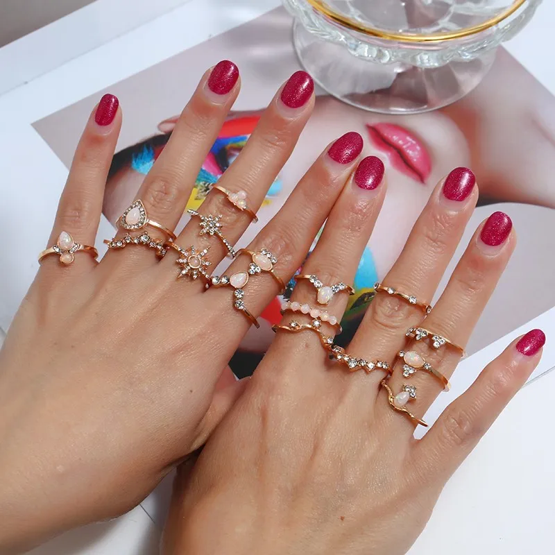

Women's Joint Ring Set Crown Rhinestone Opal Ring Multi-piece Set Glamour Retro Joint Ring Droplet Ring Wedding Party Gift
