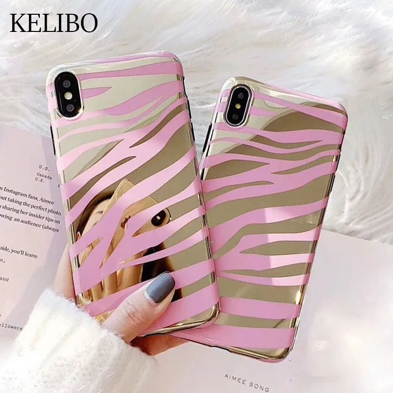 

Luxury Pink Zebra Pattern Phone Case For iPhone 6 6S 7 8 Plus X XR XS Max Cases Electroplate Mirror Soft Back Cover Coque Capa