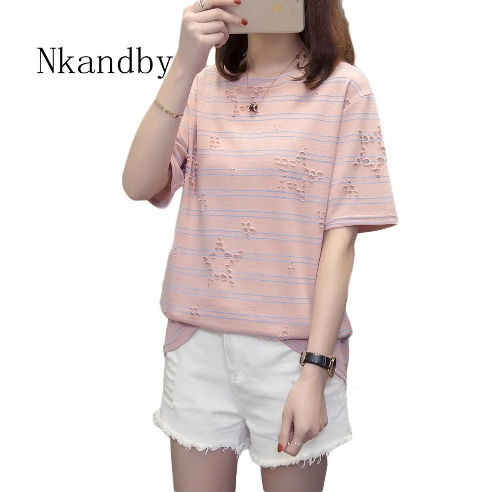 

Nkandby Plus Size Women Tshirt 2019 Summer Clothes Striped Tee Shirt Femme Star Hole Casual Cotton Oversized Ladies T-shirts 4xl