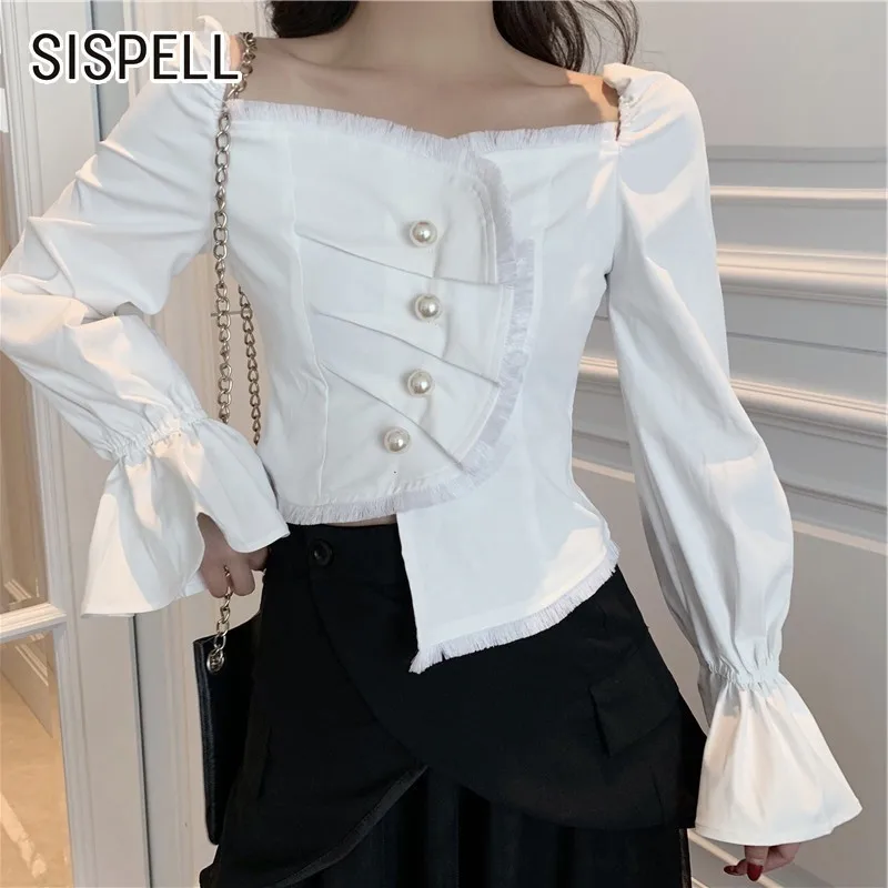 

SISPELL 2019 Spring Sexy Solid Women's Shirt Square Collar Flare Sleeve Hem Asymmetrical Blouse Top Female Fashion New Tide 2019