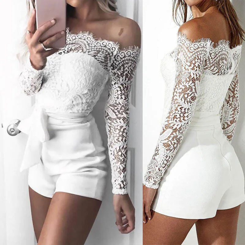 

Lace rompers Off Shoulder Jumpsuits Sheer lace patchwork Hollow out bandage balted playsuits slim Clubwear Summer sexy Clothes
