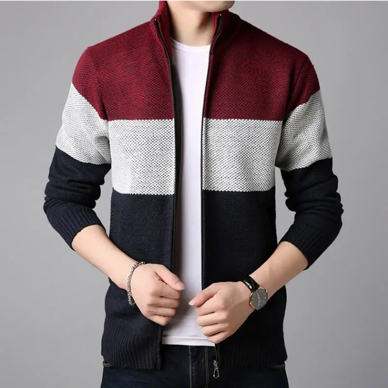 

2019 New Autumn Men's Knitted Sweaters fashion Long sleeve stand Collar Male Cardigan stitching Sweaters casual Coat Brand Men's