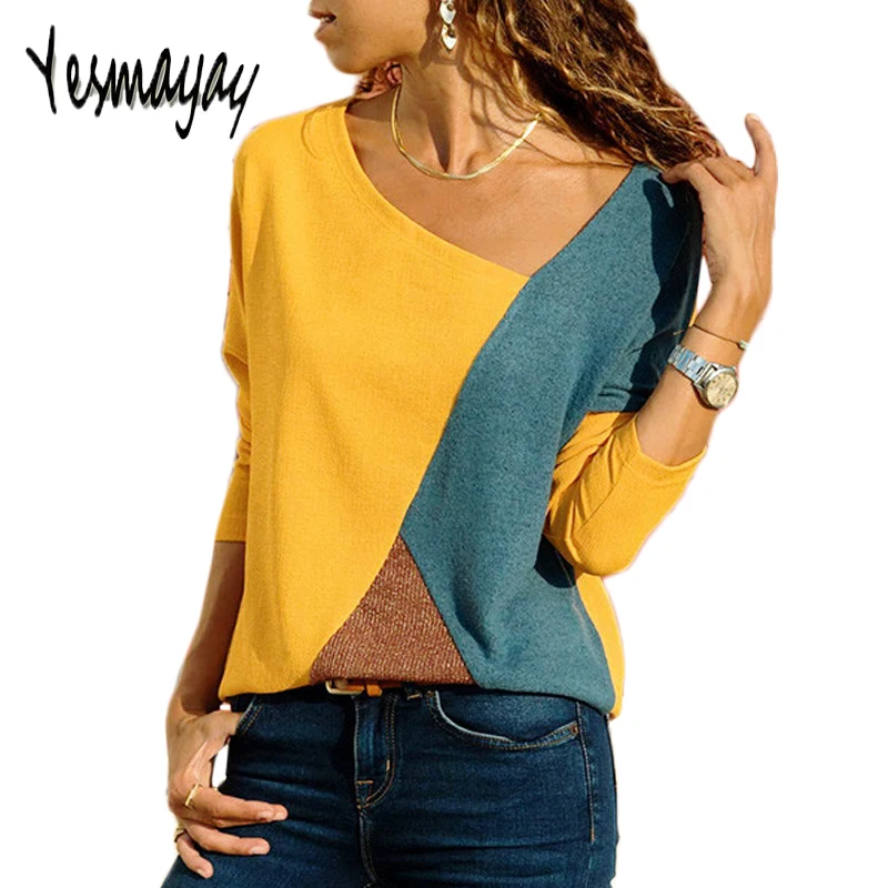 

Casual T Shirt Women Long Sleeve Spring Autumn Plus Size 5XL Tshirt Femme Hit Color Patchwork Top Women Camiseta Mujer Shirts