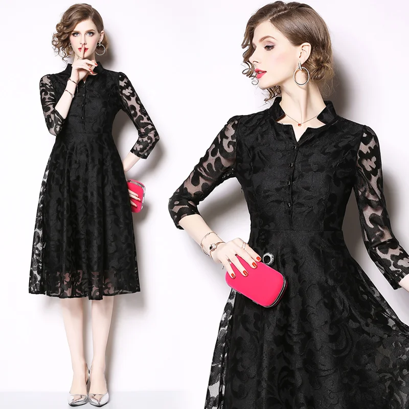 

Quality 2019 Fashion Designer Party black lace Dress Women's jacquard Vintage Mesh Embroidered Runway