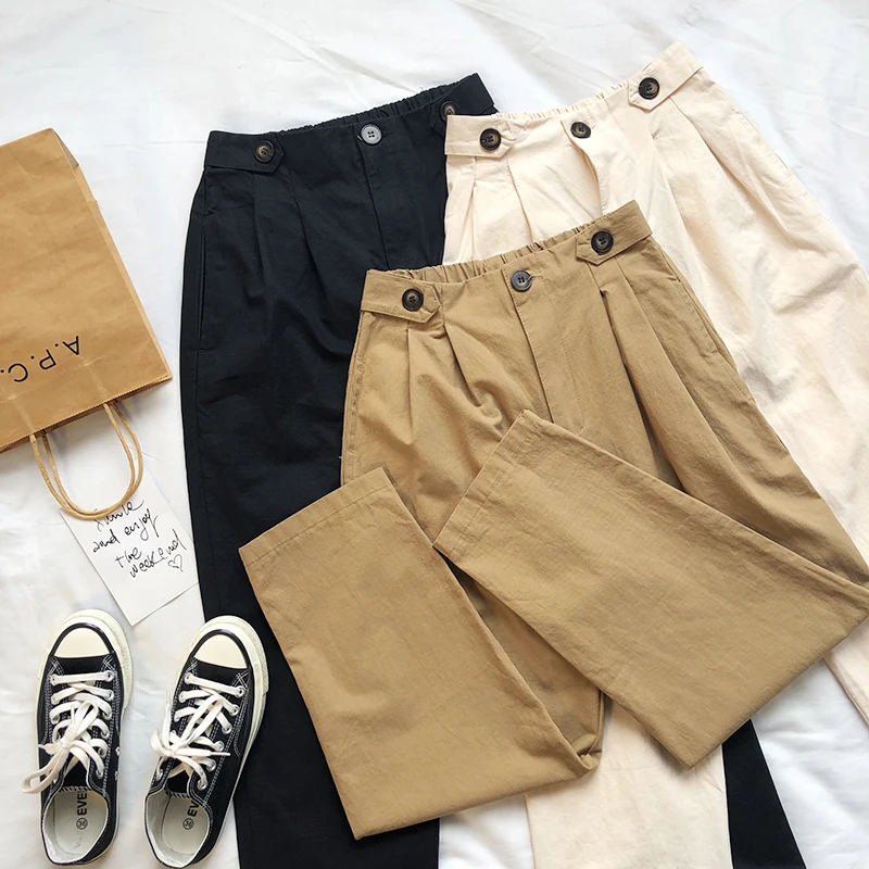

Summer Women Pant High Waist Khaki Beige Black Straight White High Waist Pants Bottom