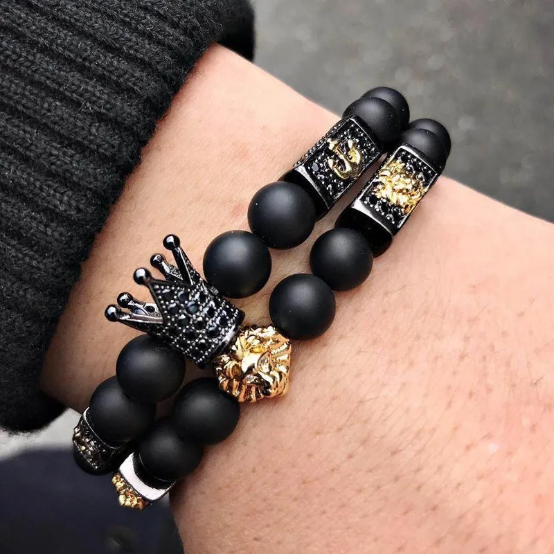 

2019 New Design Lion Crown Men Bracelet Pave Cubic Zirconia Stone Matte Beads Charm Bracelet For Men Jewelry Pulsera Hombre