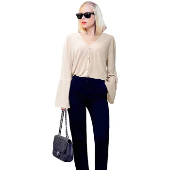 

Women Streetwear Knitted Coat For Women Button Long Sleeve Short Coat Loose Bell Sleeve Long Sleeve Casual Blouses Tops Ladies