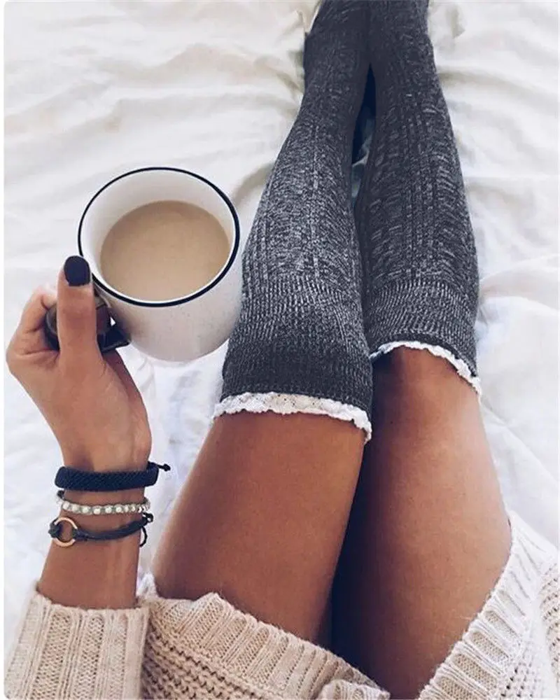 

New Fashion Winter Warm Lady Women Cotton Knitting Over Knee Thigh High Stockings Stylish Womens Thick Knitted Stockings