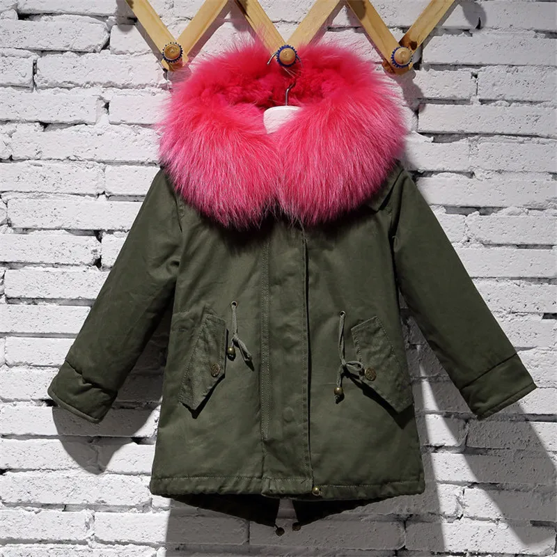 

Children Army Green Coat Kids Real Natural Rabbit Fur Clothing Winter Rabbit Long Parkas Hooded Coat Grils Warm Jacket C#22