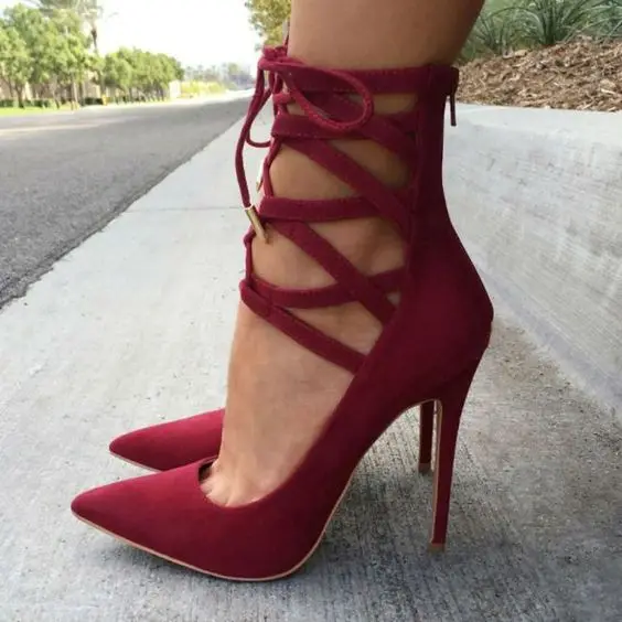 red lace up high heels