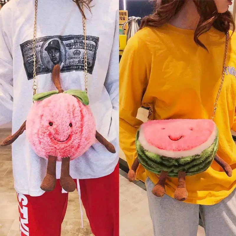 Креативные милые плюшевые сумки на плечо с изображением арбуза для маленьких девочек с фруктовым узором, мягкая детская сумка через плечо с цепочкой