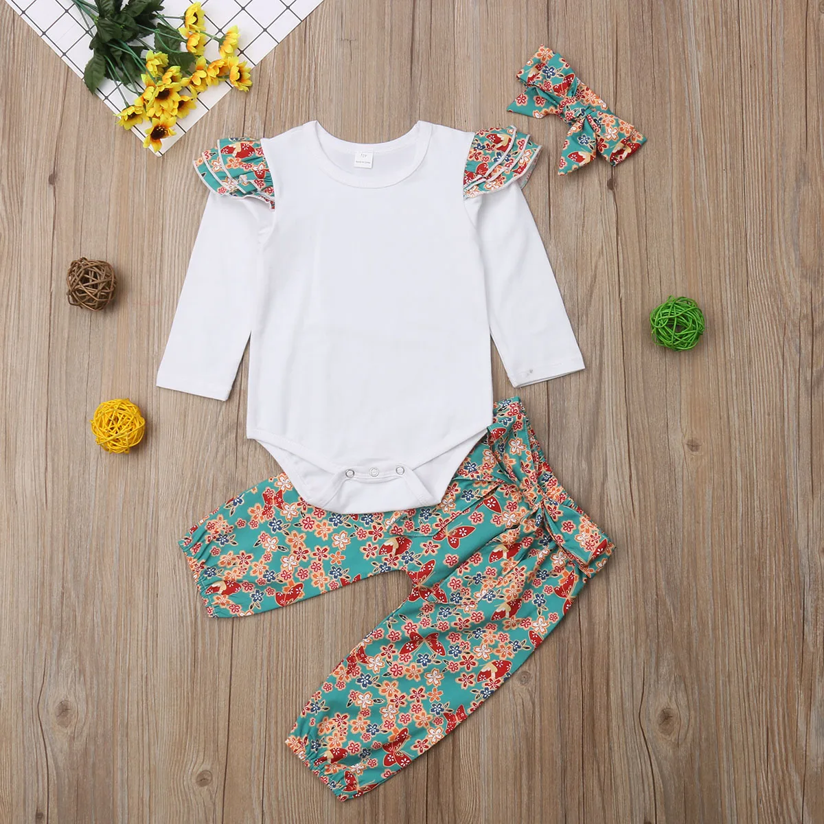 Newborn Baby Girls Clothes Ruffle Jumpsuit Bodysuit Top Floral Pants Bow Headband Outfits Set Cute Girl |