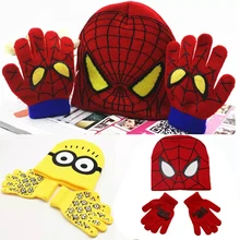 Человек-паук маленькие желтые мужские шапки детские милые Мультяшные шерстяные вязаные теплые куртки головной убор пальцевые разделительные перчатки Комплект из двух предметов