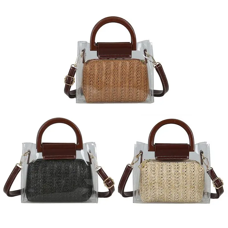 النساء شفافة حقيبة كتف PVC واضح الصيف القش اليد حقائب منسوجة رسول Crossbody حقيبة صغيرة مربع الأزياء حقيبة اليد