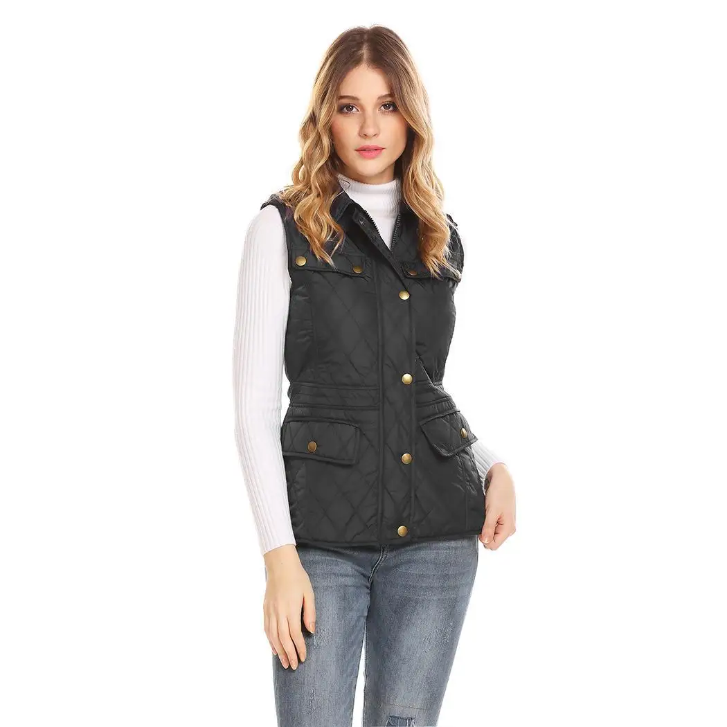 

Women Turn Down Collar Sleeveless Slim Fit Casual Quilted Vest w/ Pocket