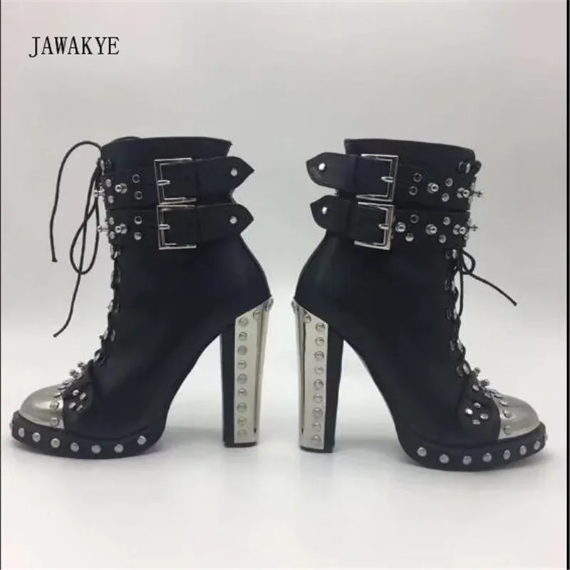 Cuero Botas Tacón Metal Hebilla Alto Estrecha Mujer Martin Black Punta Del Mujeres Moda Las Negro Punk Remache Tobillo Redonda De Zapatos F5wqCtt1
