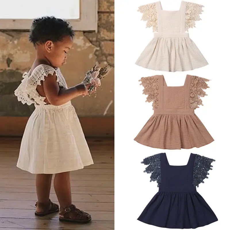 

Pudcoco 2019 Solid Kids Baby Girls Dress Lace Floral Party Dress Sleeveless Solid Dress Summer Solid Casual Clothes