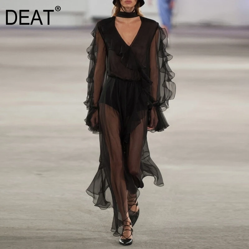 

DEAT 2020 spring summer new V-neck high waist ruffled irregular halter neckline with high quality fashion women's dress QF389