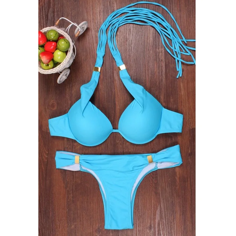 Женский Одноцветный оранжевый синий бикини, сексуальный купальник с пуш-ап, бразильский купальник, женские стринги, купальный костюм, пляжная одежда, бикини