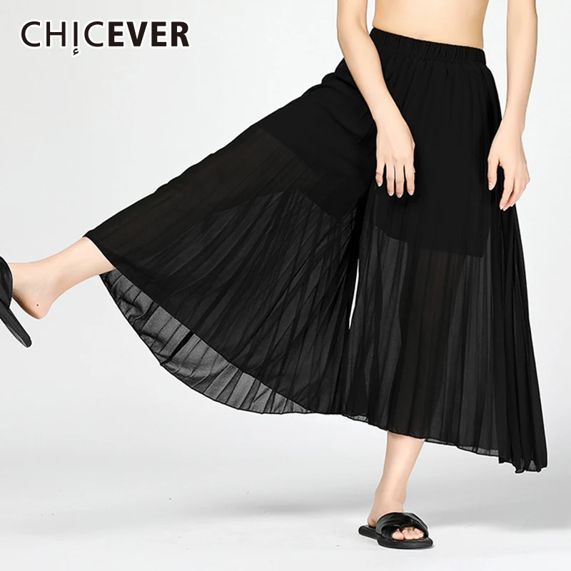 

CHICEVER Black Chiffon Summer Women Wide Leg Pants 2019 Elastic High Waist Loose Big Size Casual Women's Trousers Fashion Tide