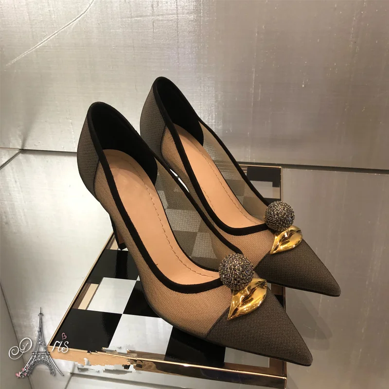 

Gold Metal Decor Sexy High Thin Heels Women Stiletto Lace Shoes Woman Crystal Women Shoes Brand Star Runway Luxury Shoes Chic
