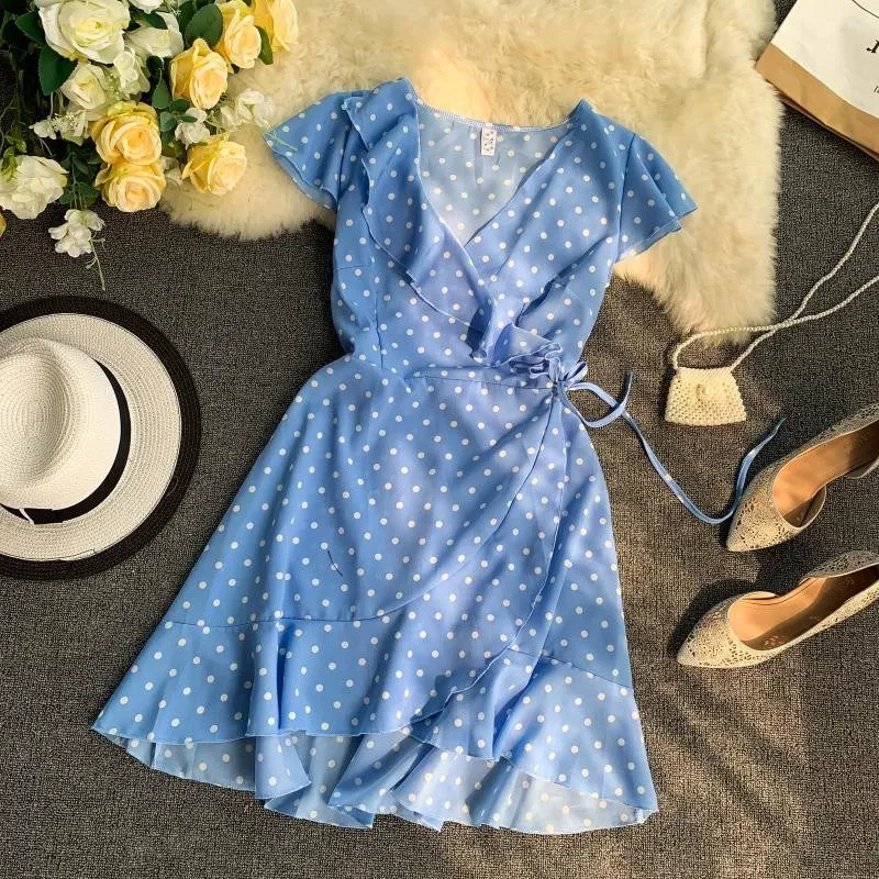 

Women Polka Dot Wrap Dress Summer Bohemian Floral Print Ruffle Sleeves Chiffon Mini Dress Vestidos Casual Holiday Beach Dresses