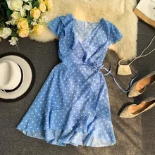 Women Polka Dot Wrap Dress Summer Bohemian Floral Print Ruffle Sleeves Chiffon Mini Dress Vestidos Casual Holiday Beach Dresses ruffle trim spot chiffon wrap dress