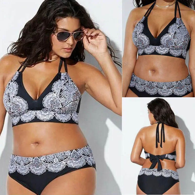 

Plus Size Women Monokini Push Up Padded Bikini Set Ladies Floral Printed Bandage Halter Beachwear Swimwear Swimsuit Bathing Suit
