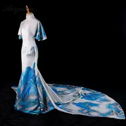 Чернила этап Показать Длинные Cheongsam современный шлейфом Белый Элегантный Qi Pao Для женщин Китайский вечернее платье с Showl Женская Роба в