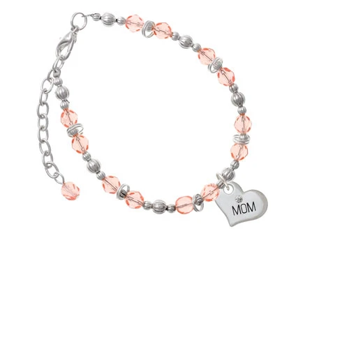 Silvertone Large ''Mom'' Heart with Clear Crystal Pink Beaded Bracelet |